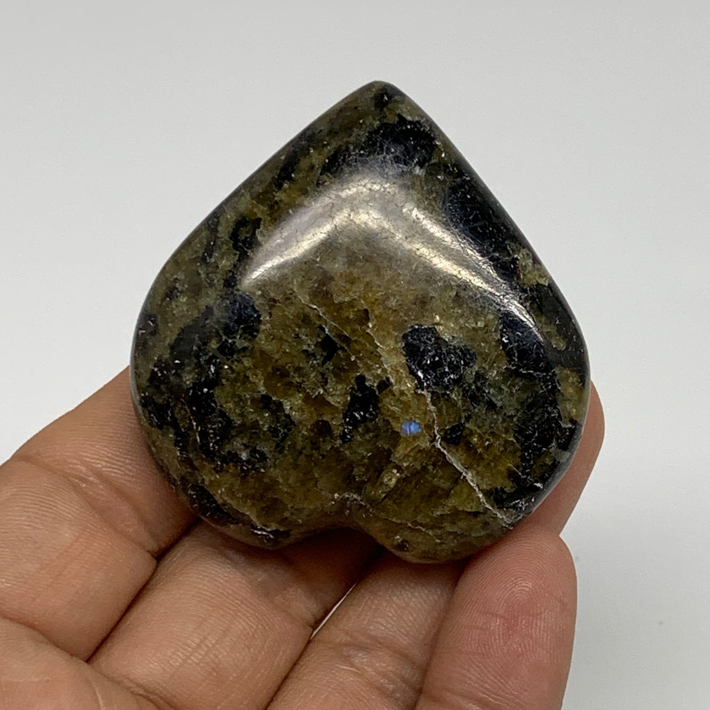 72.7g, 2"x2"x0.8", Natural Labradorite Heart Polished Crystal, B35492