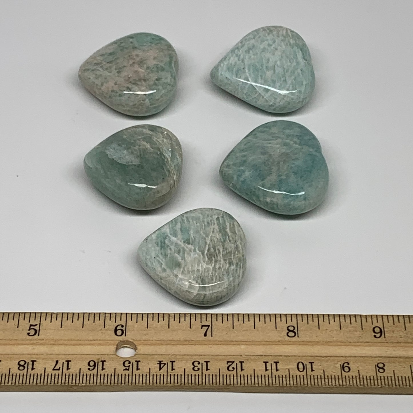 131.7g, 1.3"-1.4", 5pcs, Natural Amazonite Heart Polished Gemstone, B34724