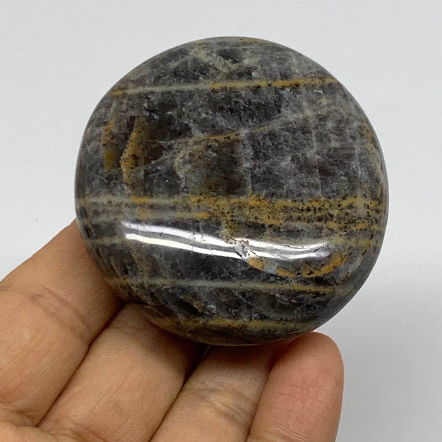 116g, 2.4"x2.2"x1",  Black Moonstone Crystal Palm-Stone Polished, B37761