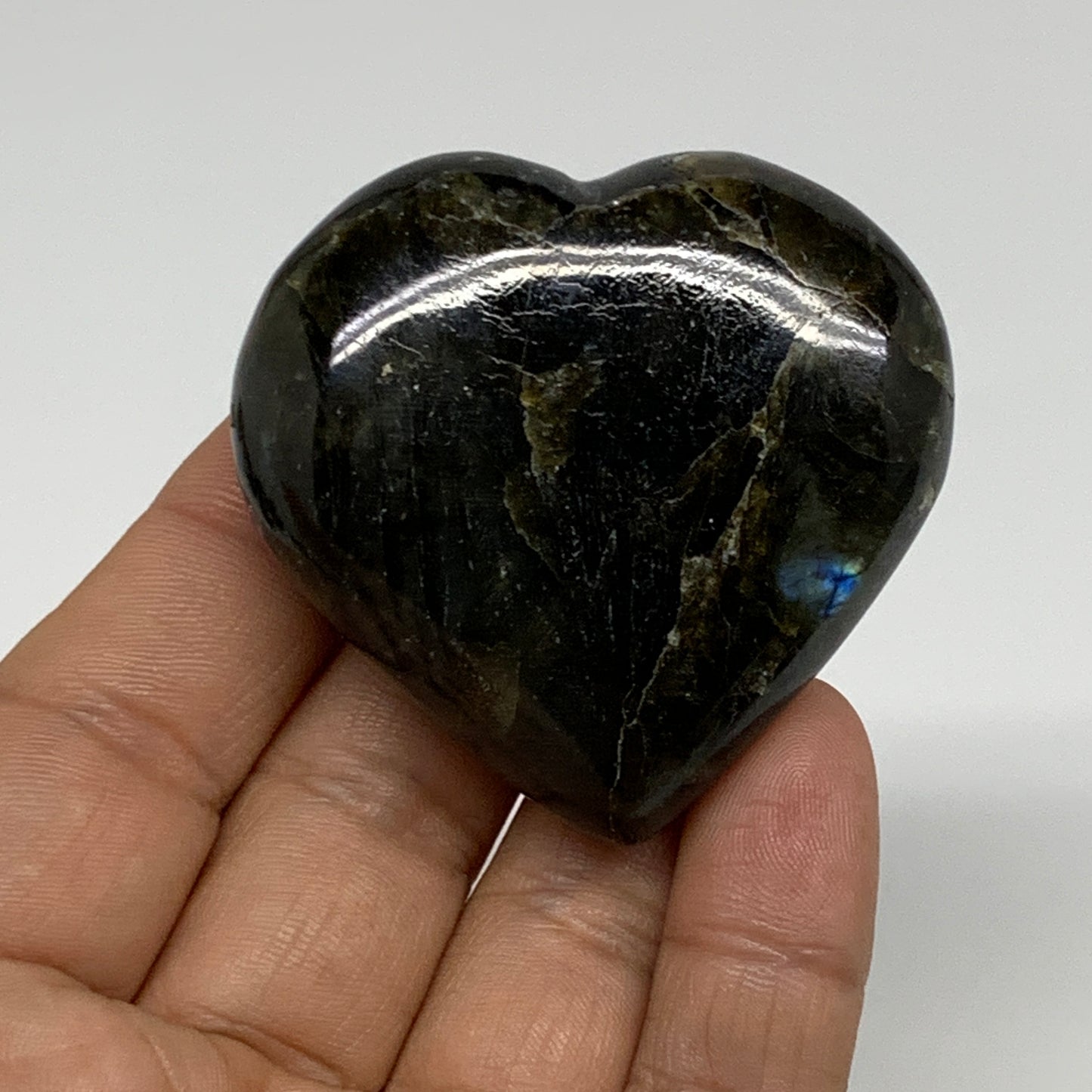 73.9g, 2"x2"x0.8", Natural Labradorite Heart Polished Crystal, B35494