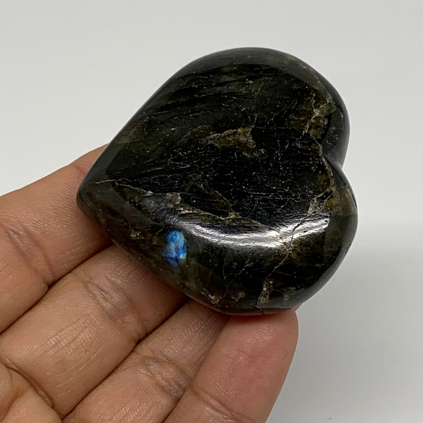 73.9g, 2"x2"x0.8", Natural Labradorite Heart Polished Crystal, B35494