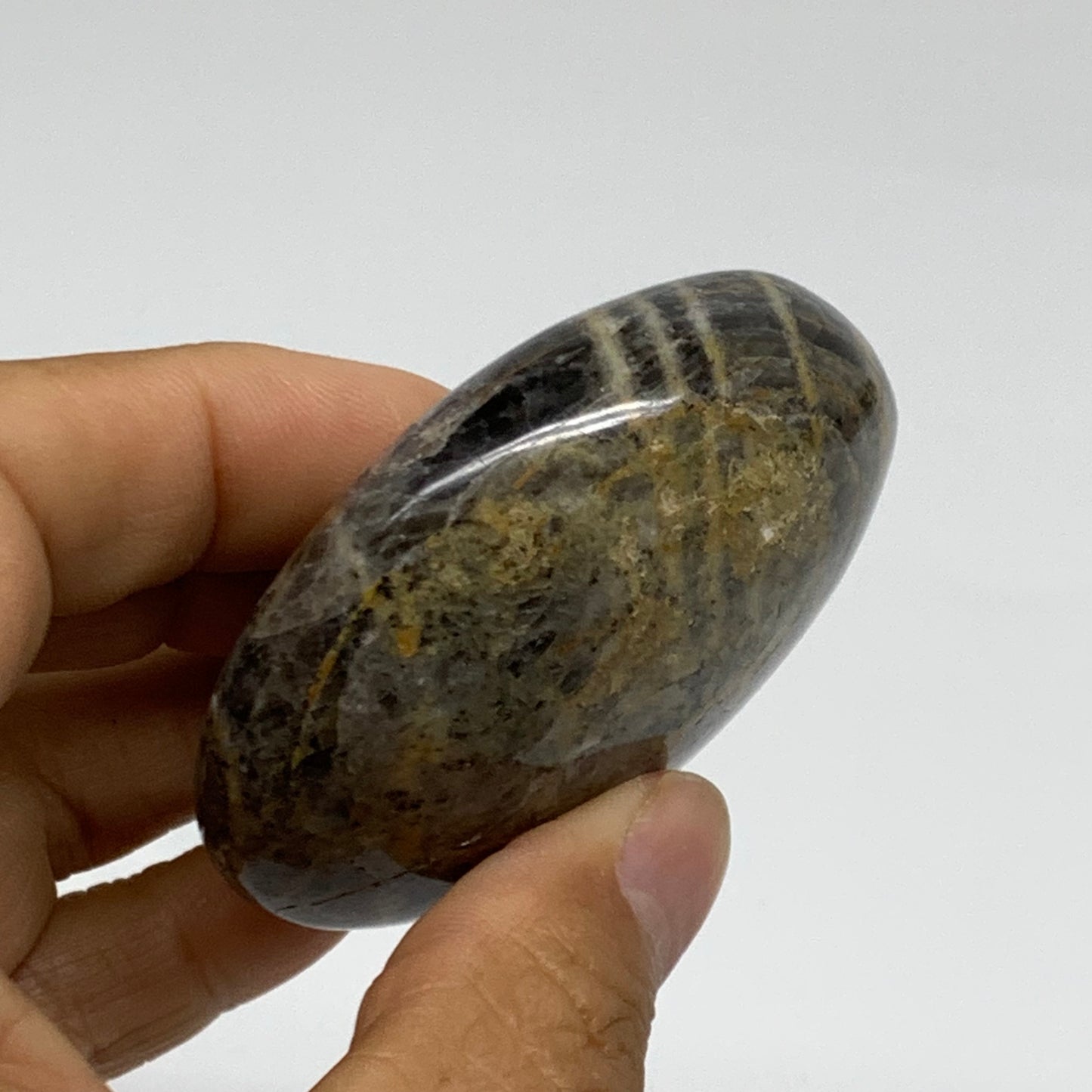 116g, 2.4"x2.2"x1",  Black Moonstone Crystal Palm-Stone Polished, B37761