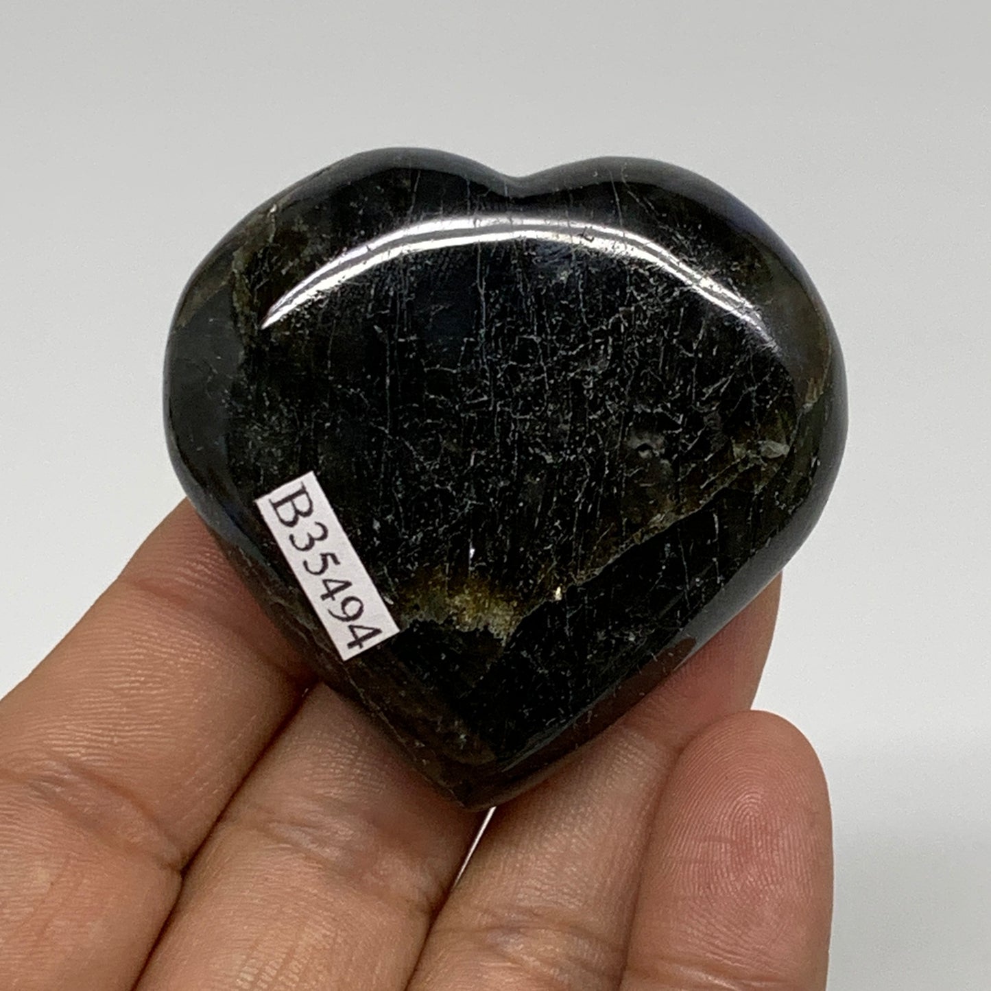 73.9g, 2"x2"x0.8", Natural Labradorite Heart Polished Crystal, B35494