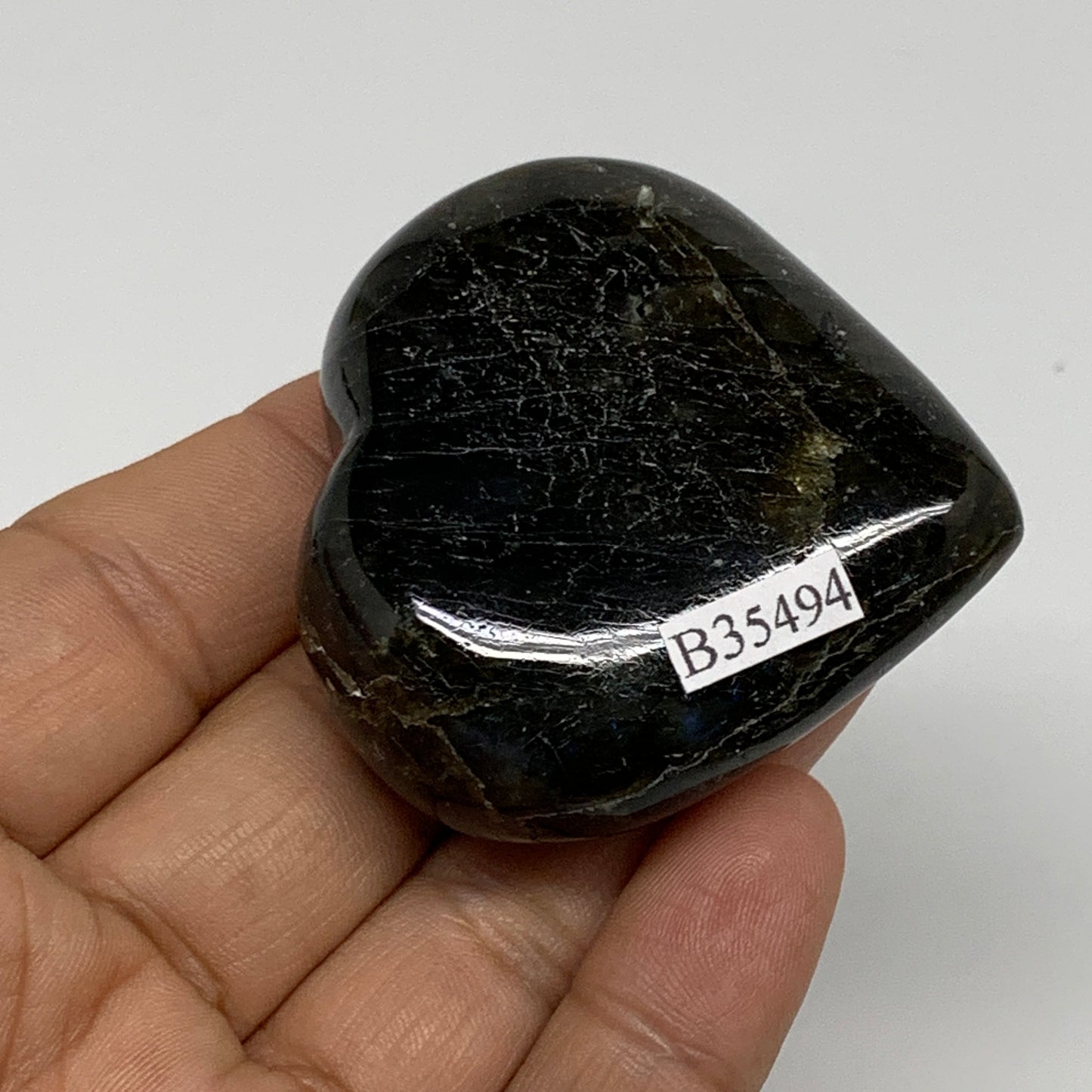 73.9g, 2"x2"x0.8", Natural Labradorite Heart Polished Crystal, B35494