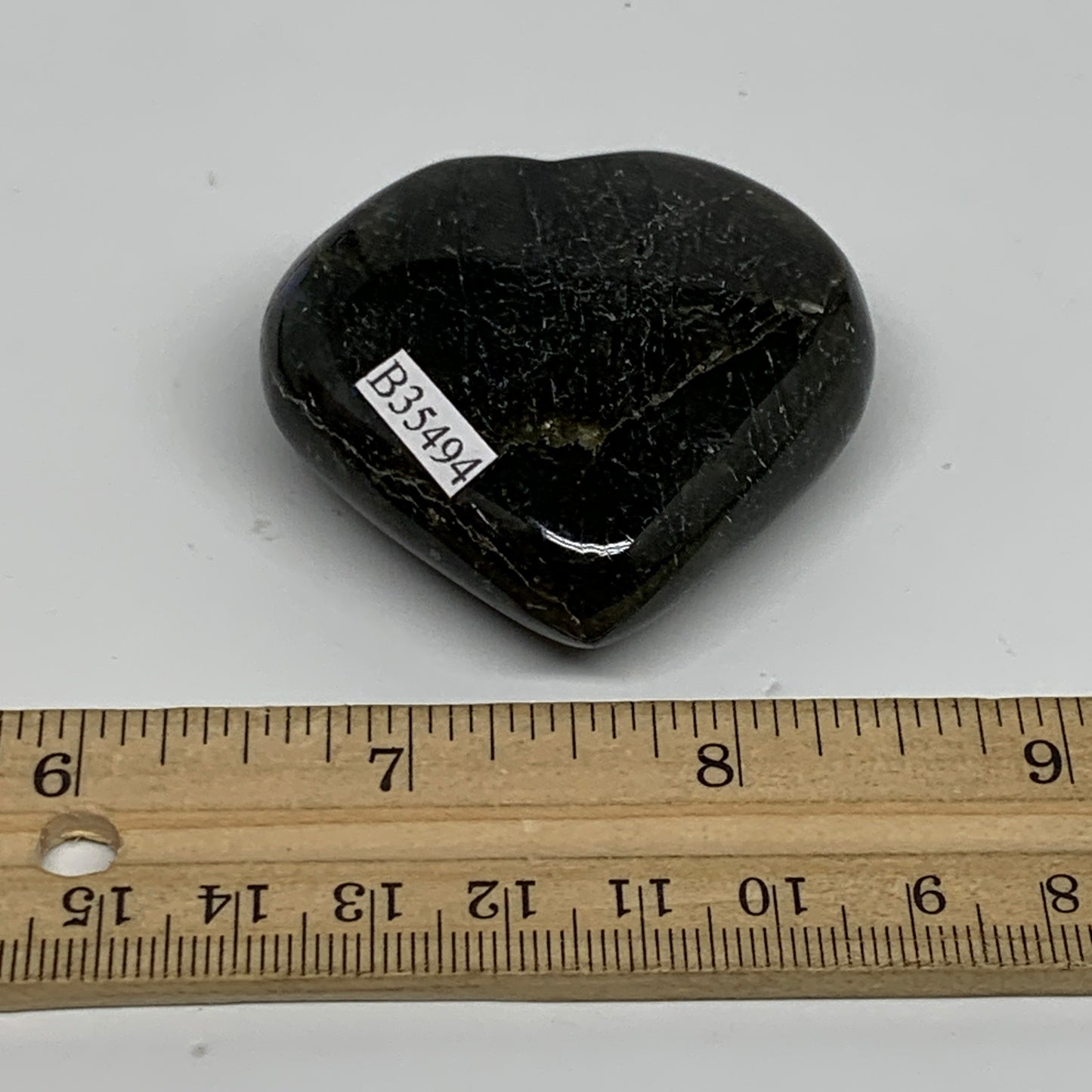 73.9g, 2"x2"x0.8", Natural Labradorite Heart Polished Crystal, B35494