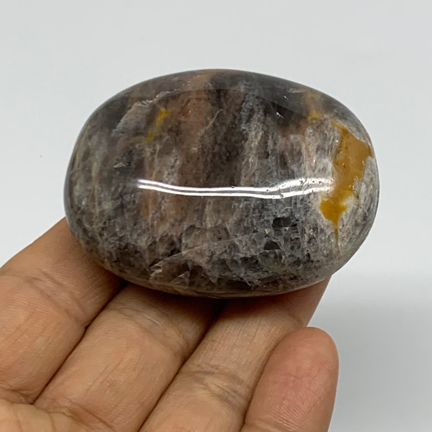 102g, 2.2"x1.7"x1.1",  Black Moonstone Crystal Palm-Stone Polished, B37763