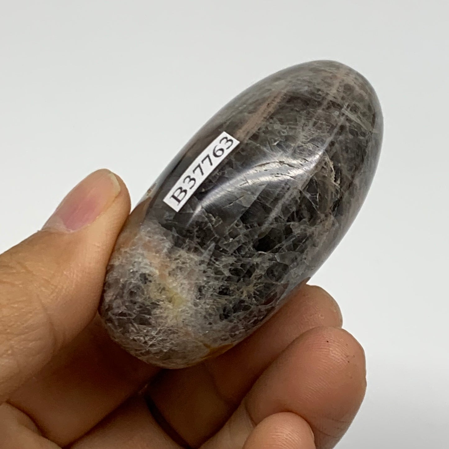 102g, 2.2"x1.7"x1.1",  Black Moonstone Crystal Palm-Stone Polished, B37763