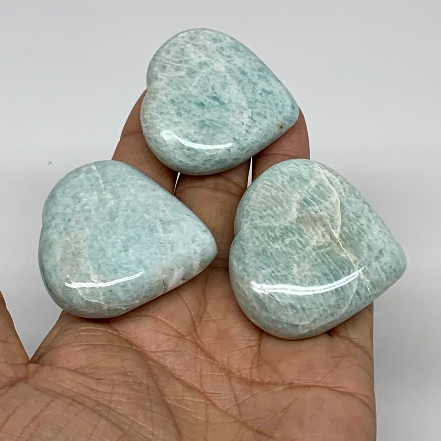 133g, 1.6"-1.7", 3pcs, Natural Amazonite Heart Polished Gemstone, B34728