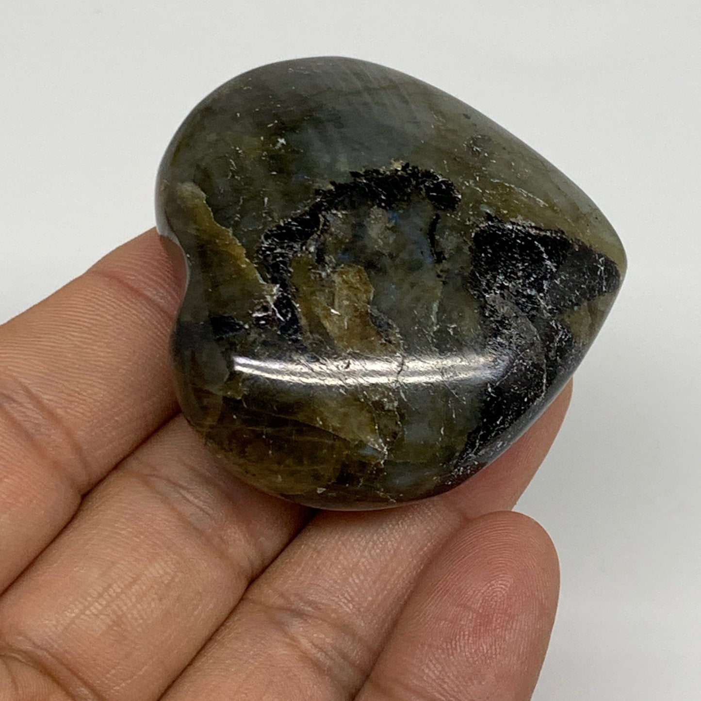 61.3g, 1.8"x1.9"x0.8", Natural Labradorite Heart Polished Crystal, B35496