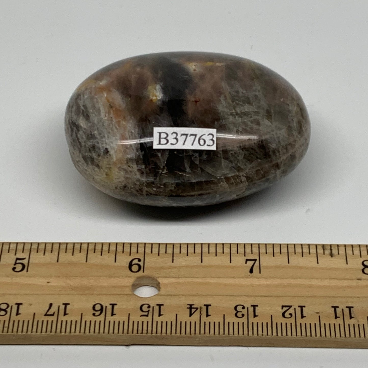 102g, 2.2"x1.7"x1.1",  Black Moonstone Crystal Palm-Stone Polished, B37763