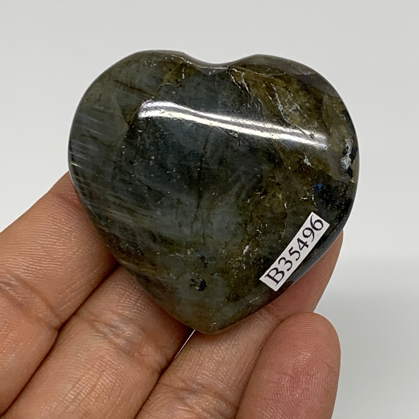 61.3g, 1.8"x1.9"x0.8", Natural Labradorite Heart Polished Crystal, B35496