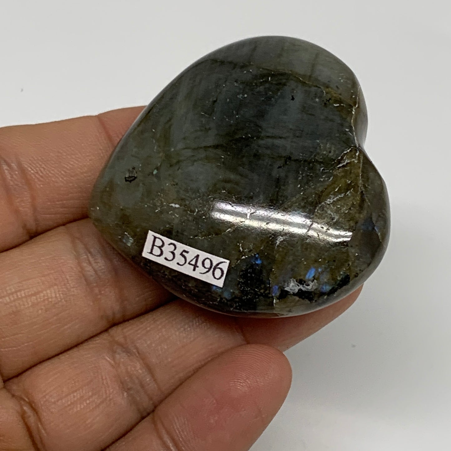 61.3g, 1.8"x1.9"x0.8", Natural Labradorite Heart Polished Crystal, B35496