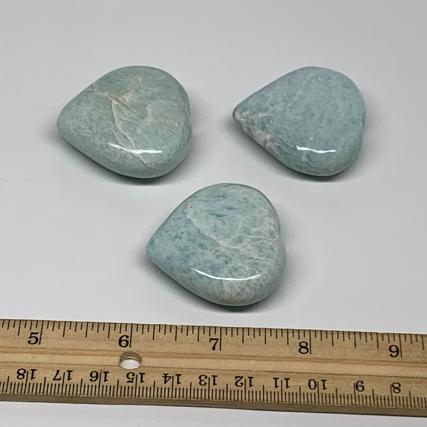 133g, 1.6"-1.7", 3pcs, Natural Amazonite Heart Polished Gemstone, B34728