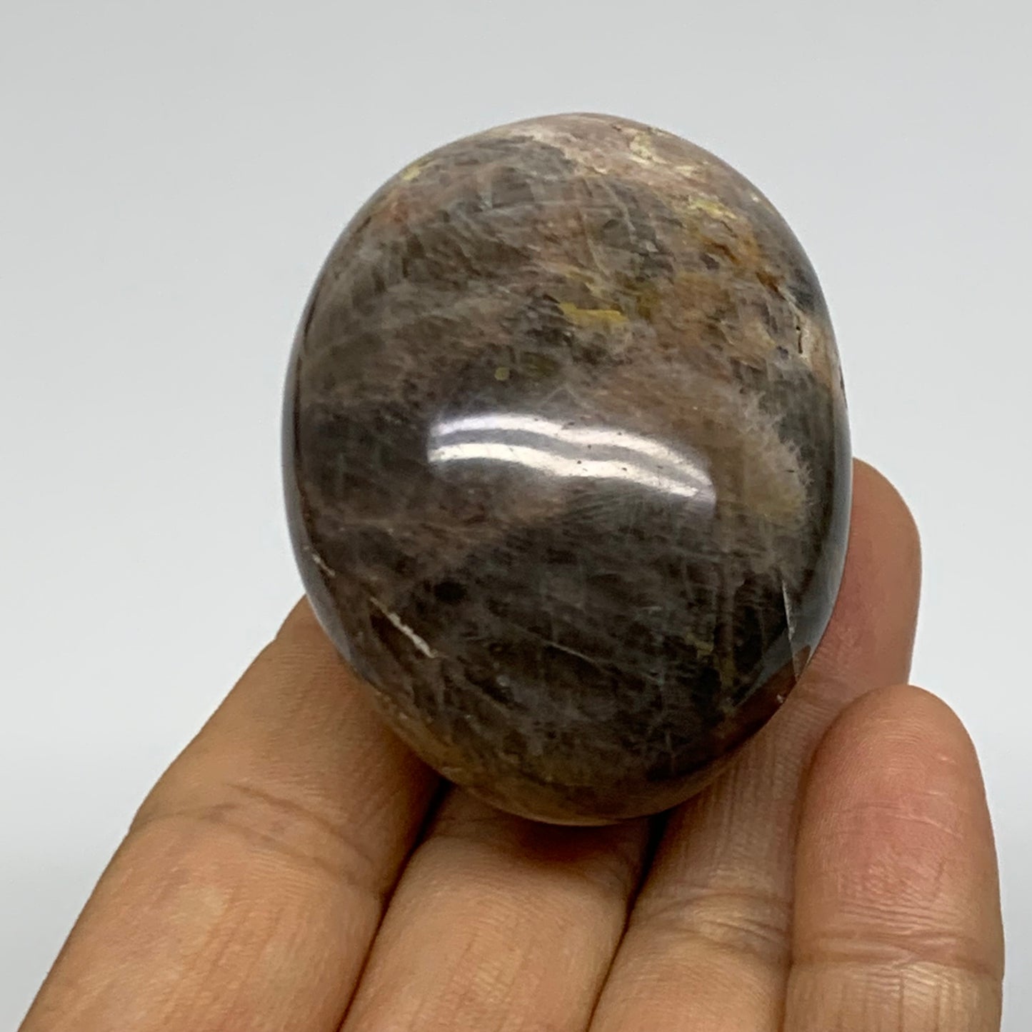 104.8g, 2.2"x1.6"x1.4",  Black Moonstone Crystal Palm-Stone Polished, B37764