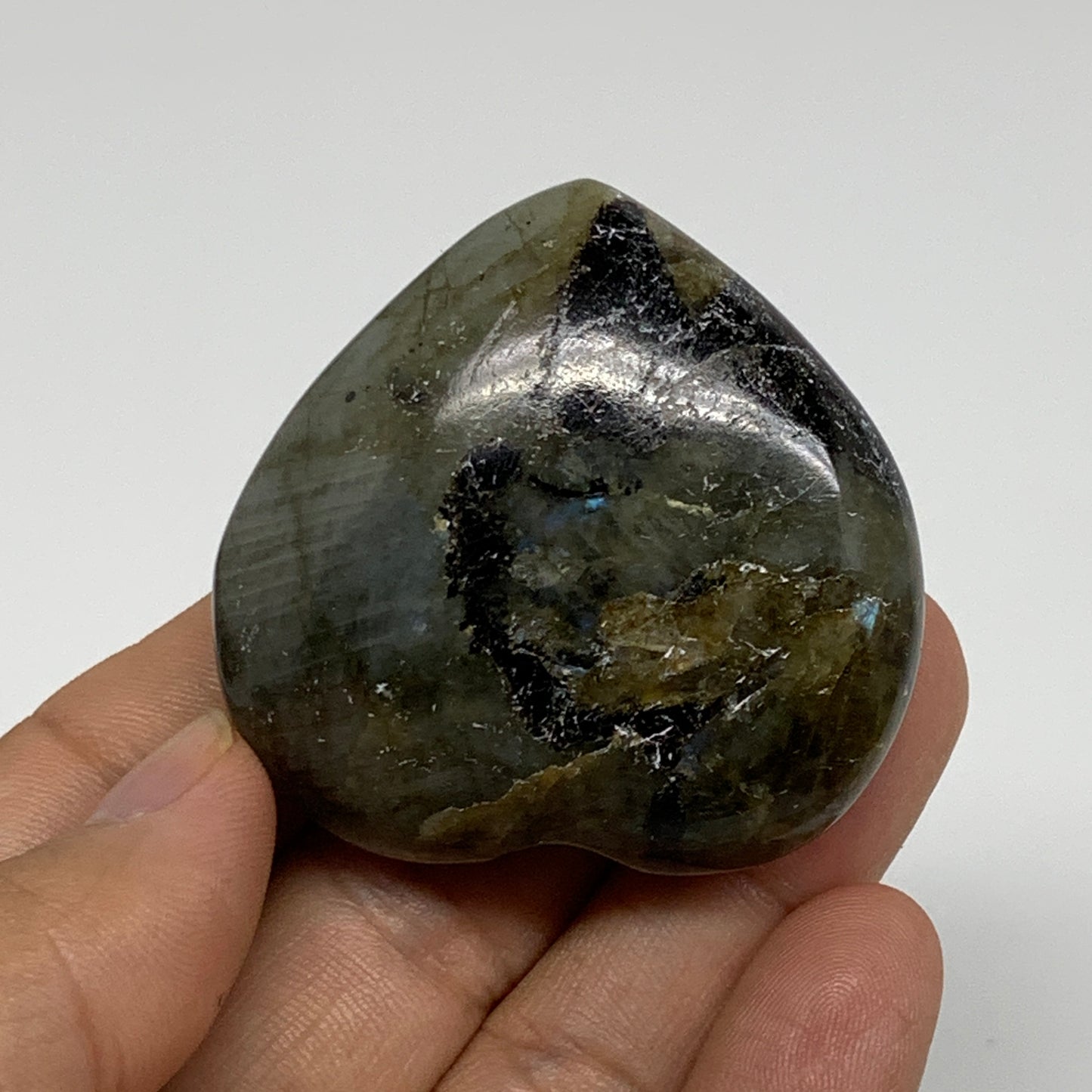 61.3g, 1.8"x1.9"x0.8", Natural Labradorite Heart Polished Crystal, B35496