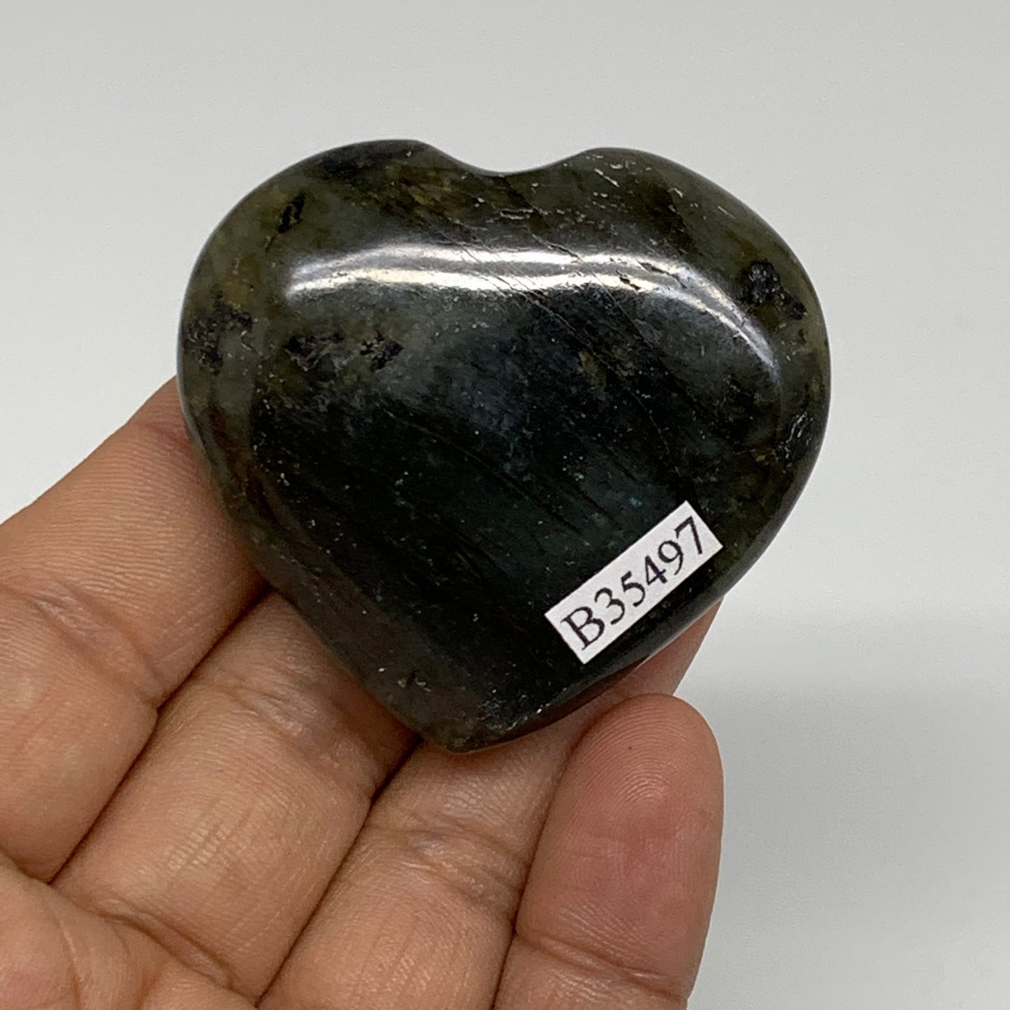 63.6g, 1.9"x2"x0.7", Natural Labradorite Heart Polished Crystal, B35497
