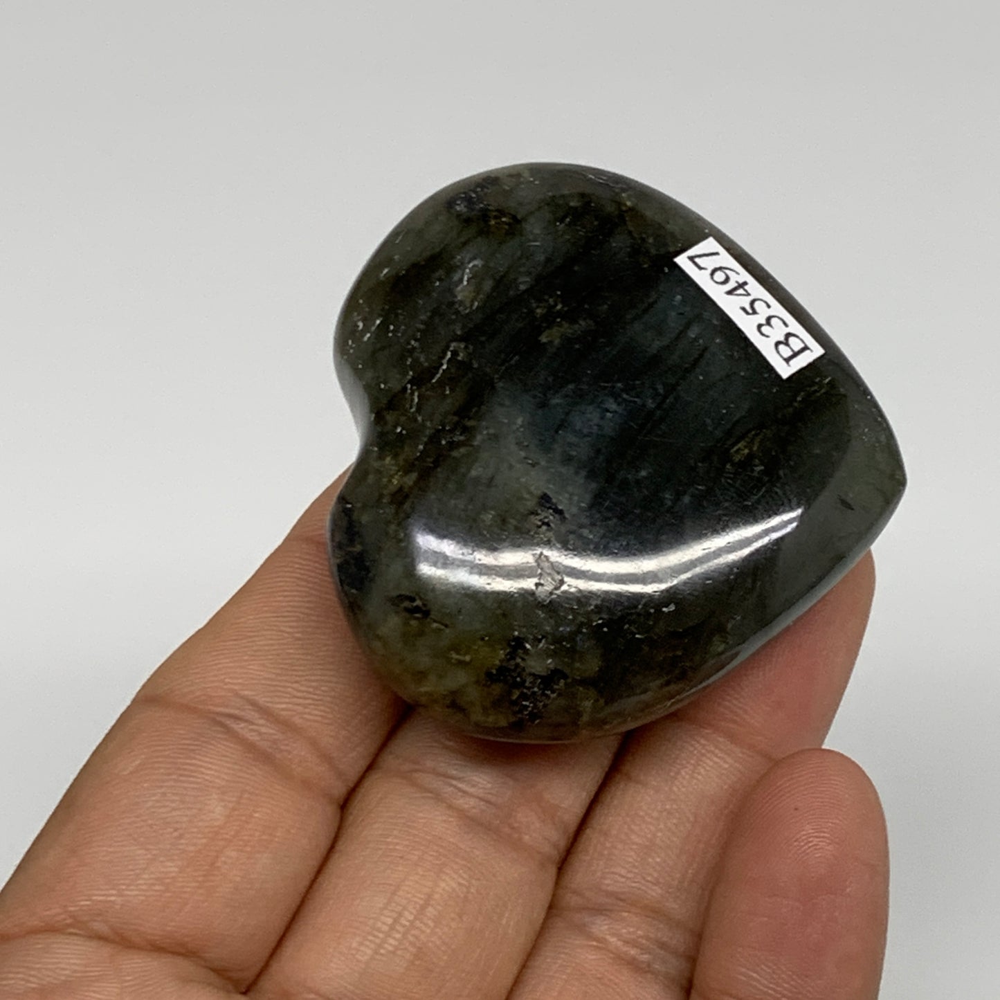 63.6g, 1.9"x2"x0.7", Natural Labradorite Heart Polished Crystal, B35497