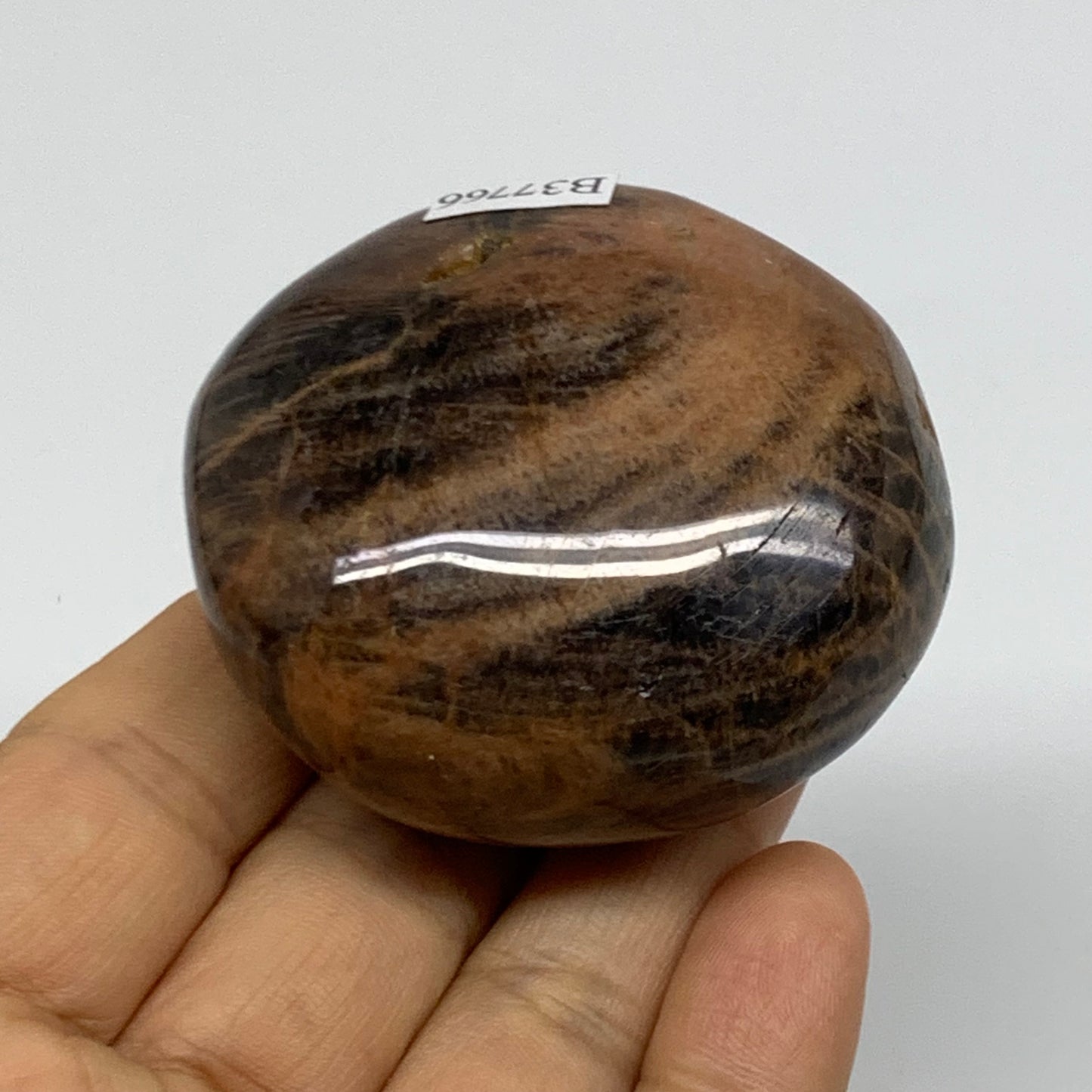 132.1g, 2.2"x2"x1.3",  Black Moonstone Crystal Palm-Stone Polished, B37766