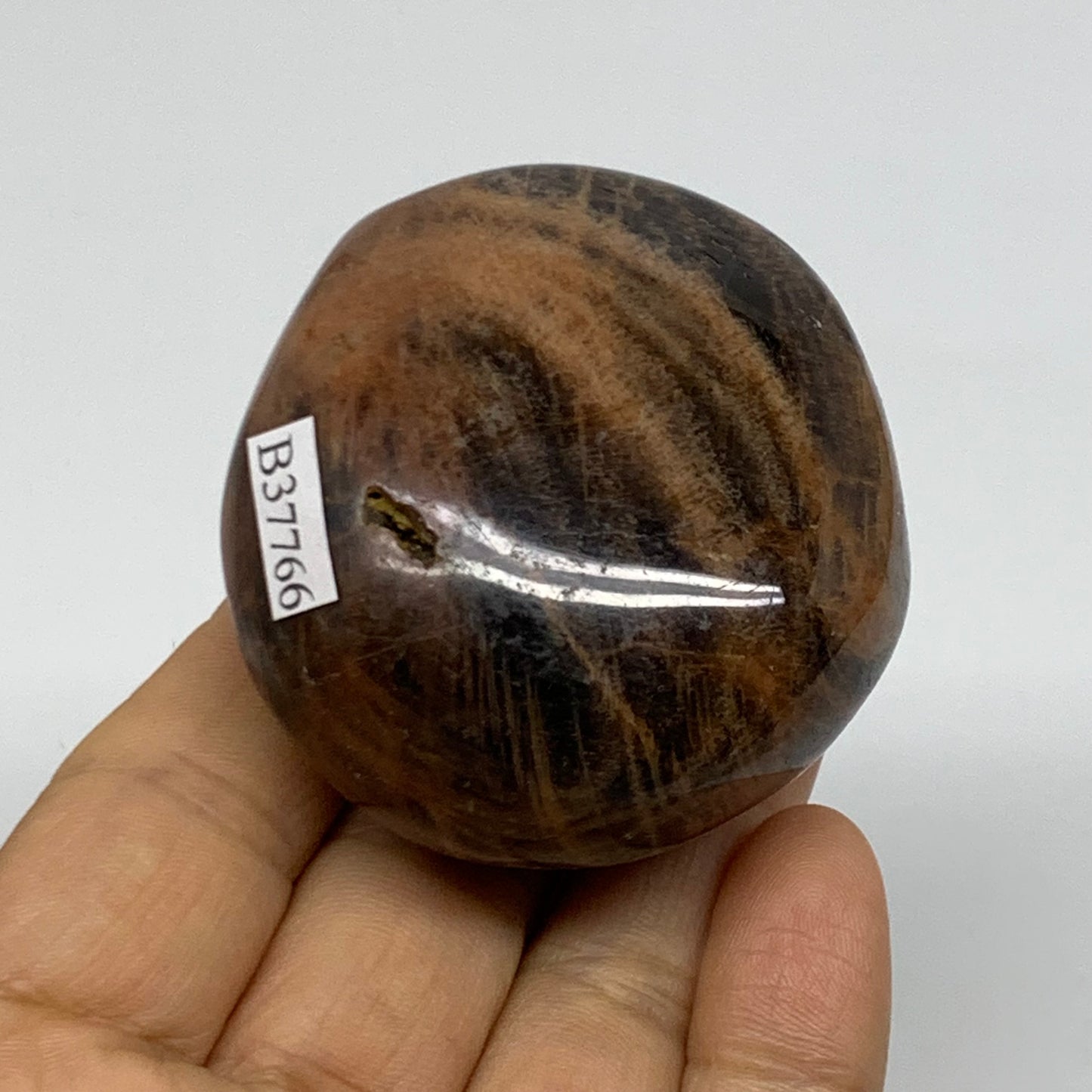 132.1g, 2.2"x2"x1.3",  Black Moonstone Crystal Palm-Stone Polished, B37766