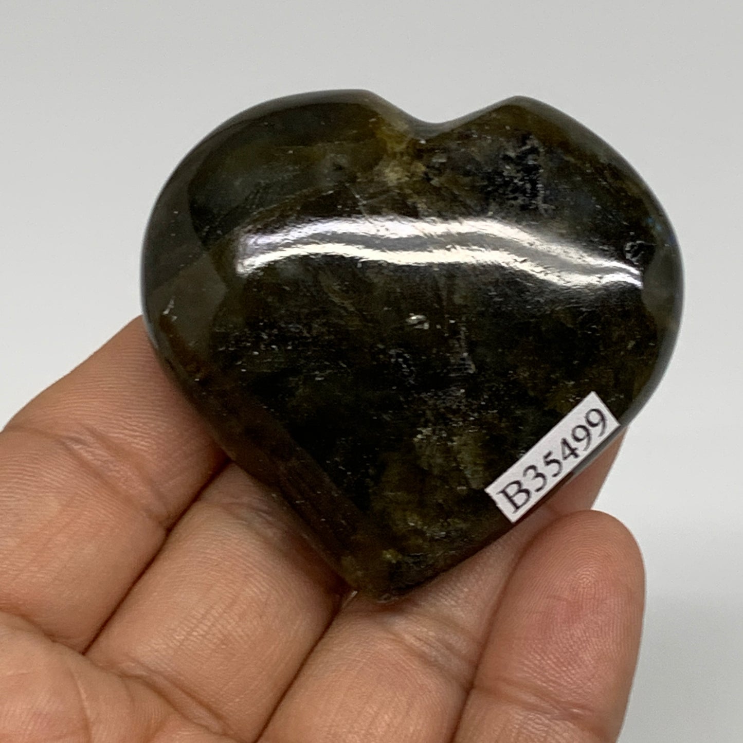 73.9g, 2"x2.1"x0.8", Natural Labradorite Heart Polished Crystal, B35499