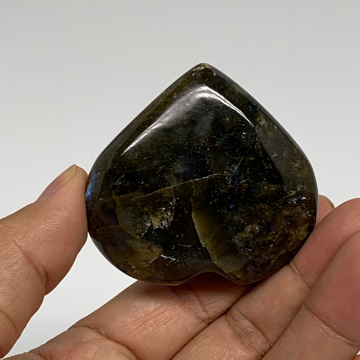 73.9g, 2"x2.1"x0.8", Natural Labradorite Heart Polished Crystal, B35499