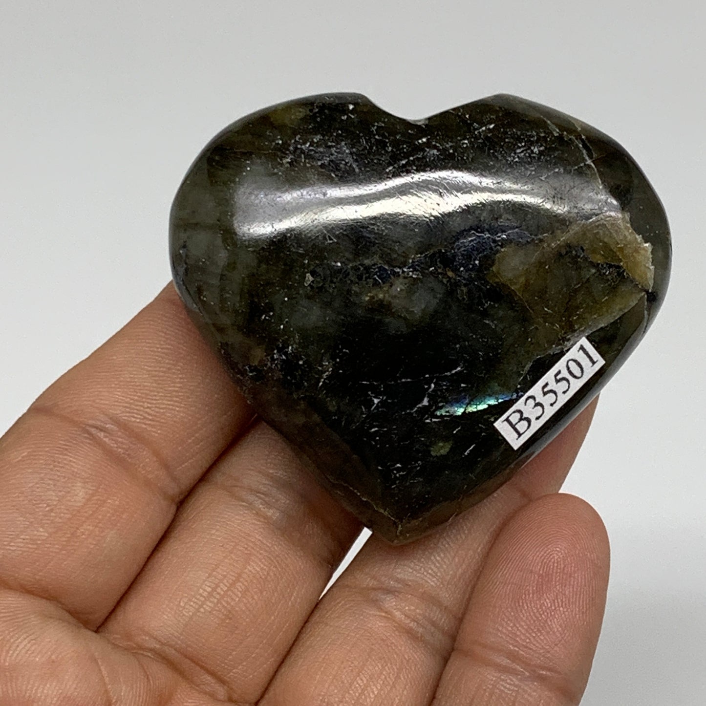 75.1g, 2"x2.2"x0.8", Natural Labradorite Heart Polished Crystal, B35501