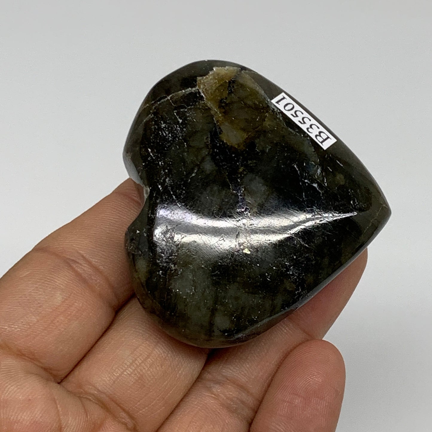 75.1g, 2"x2.2"x0.8", Natural Labradorite Heart Polished Crystal, B35501