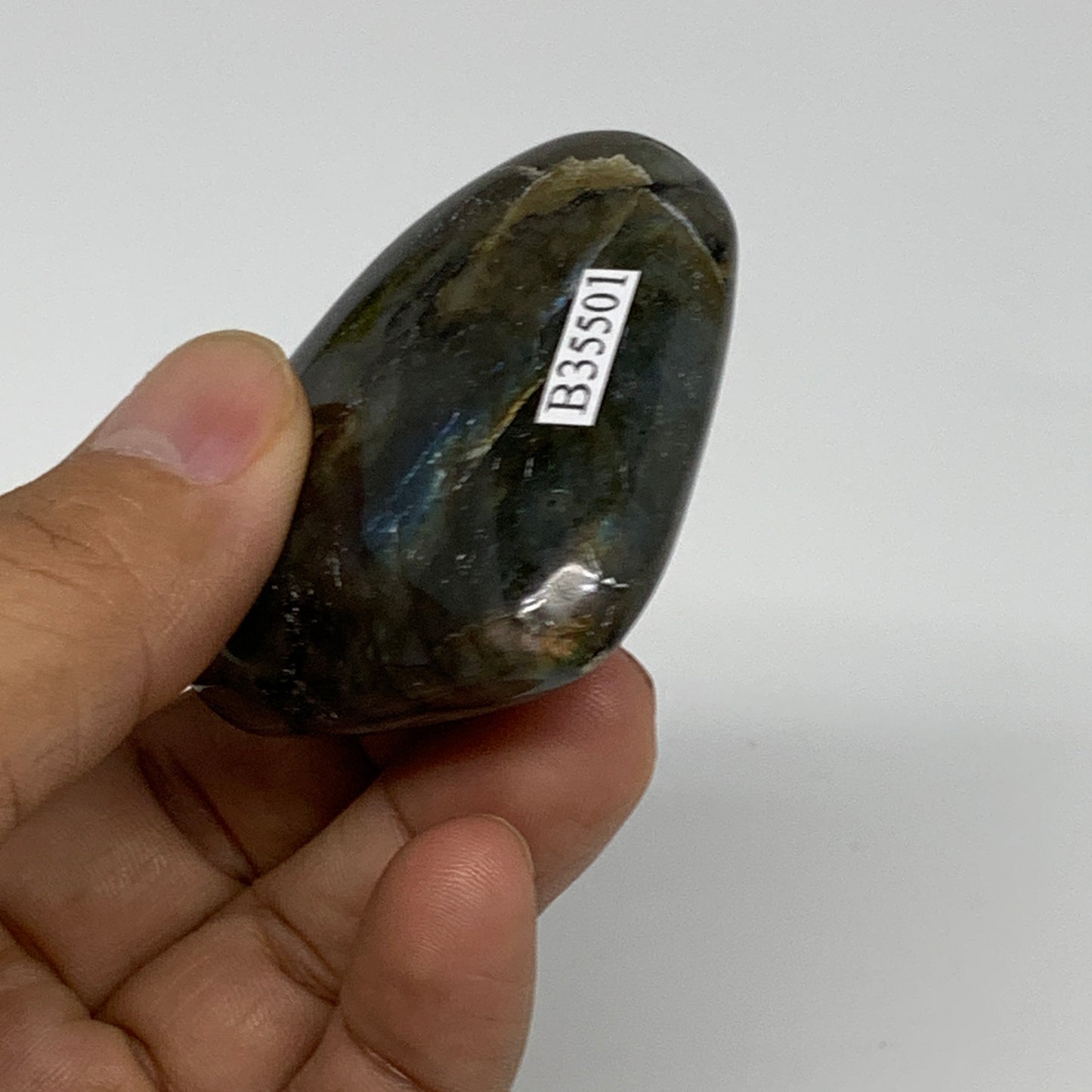 75.1g, 2"x2.2"x0.8", Natural Labradorite Heart Polished Crystal, B35501