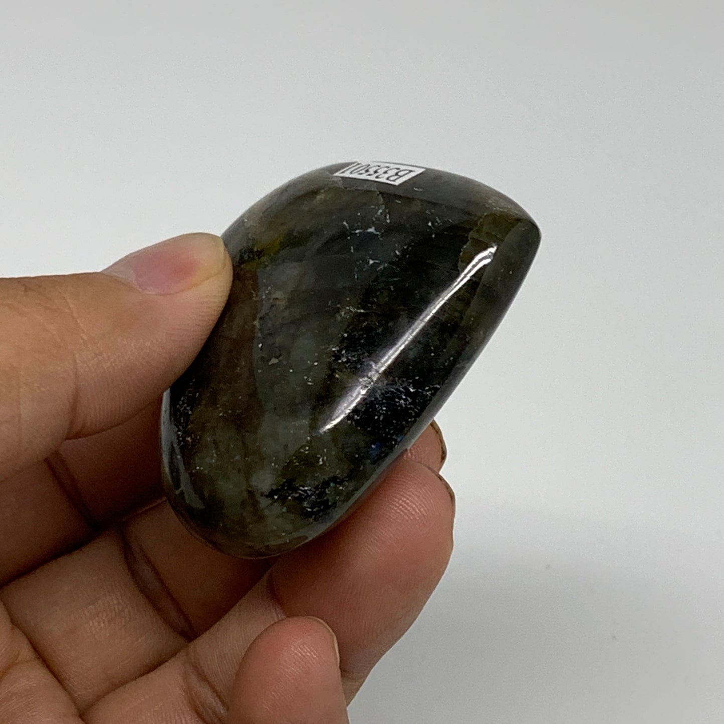 75.1g, 2"x2.2"x0.8", Natural Labradorite Heart Polished Crystal, B35501