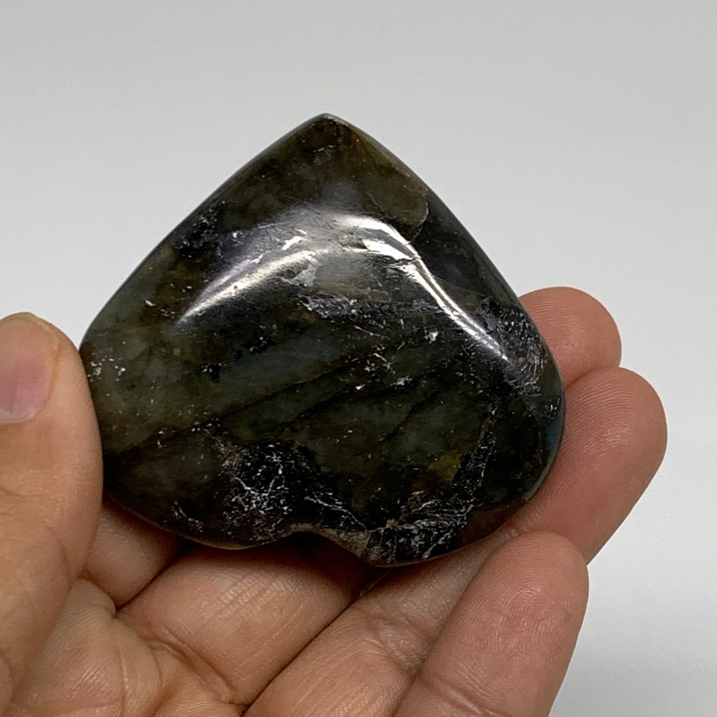 75.1g, 2"x2.2"x0.8", Natural Labradorite Heart Polished Crystal, B35501