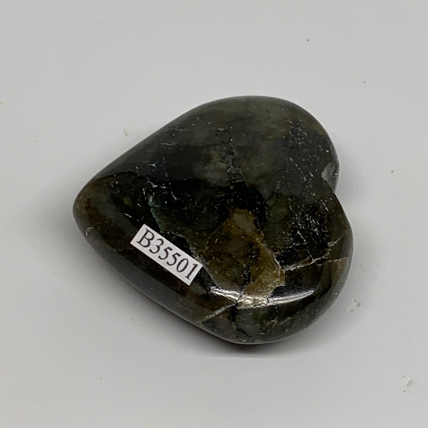 75.1g, 2"x2.2"x0.8", Natural Labradorite Heart Polished Crystal, B35501