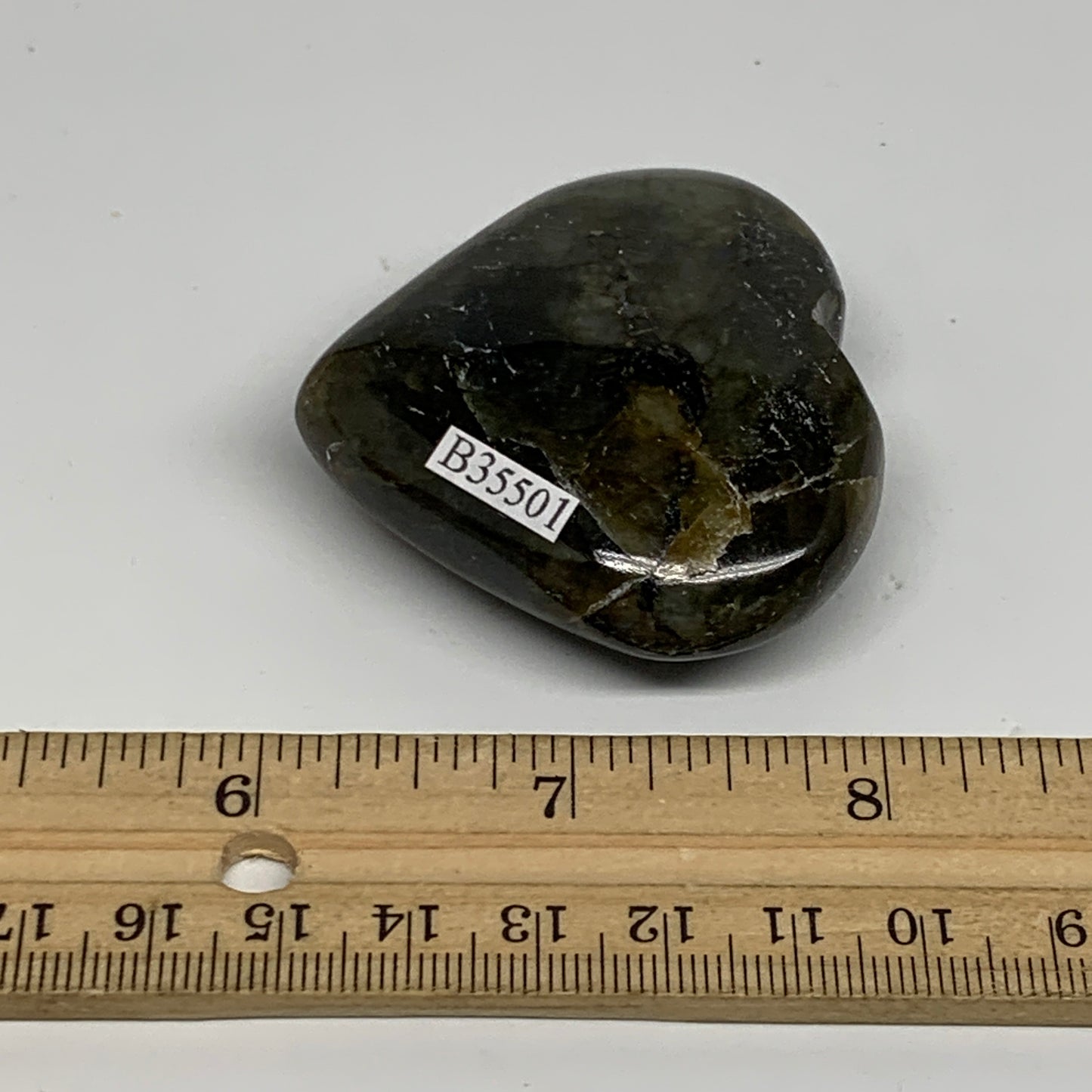 75.1g, 2"x2.2"x0.8", Natural Labradorite Heart Polished Crystal, B35501