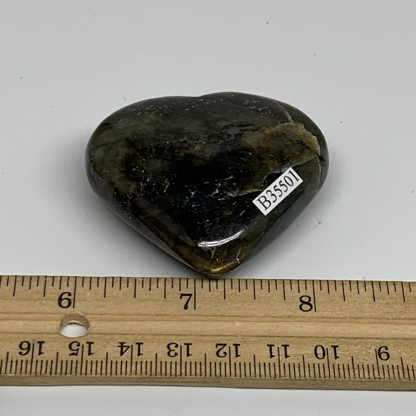 75.1g, 2"x2.2"x0.8", Natural Labradorite Heart Polished Crystal, B35501