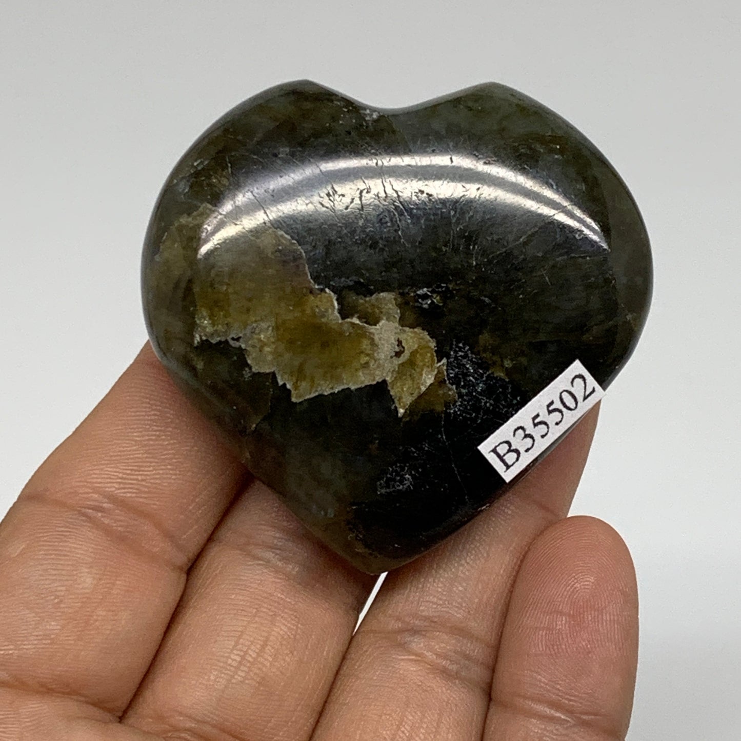 76.1g, 2"x2.1"x0.8", Natural Labradorite Heart Polished Crystal, B35502