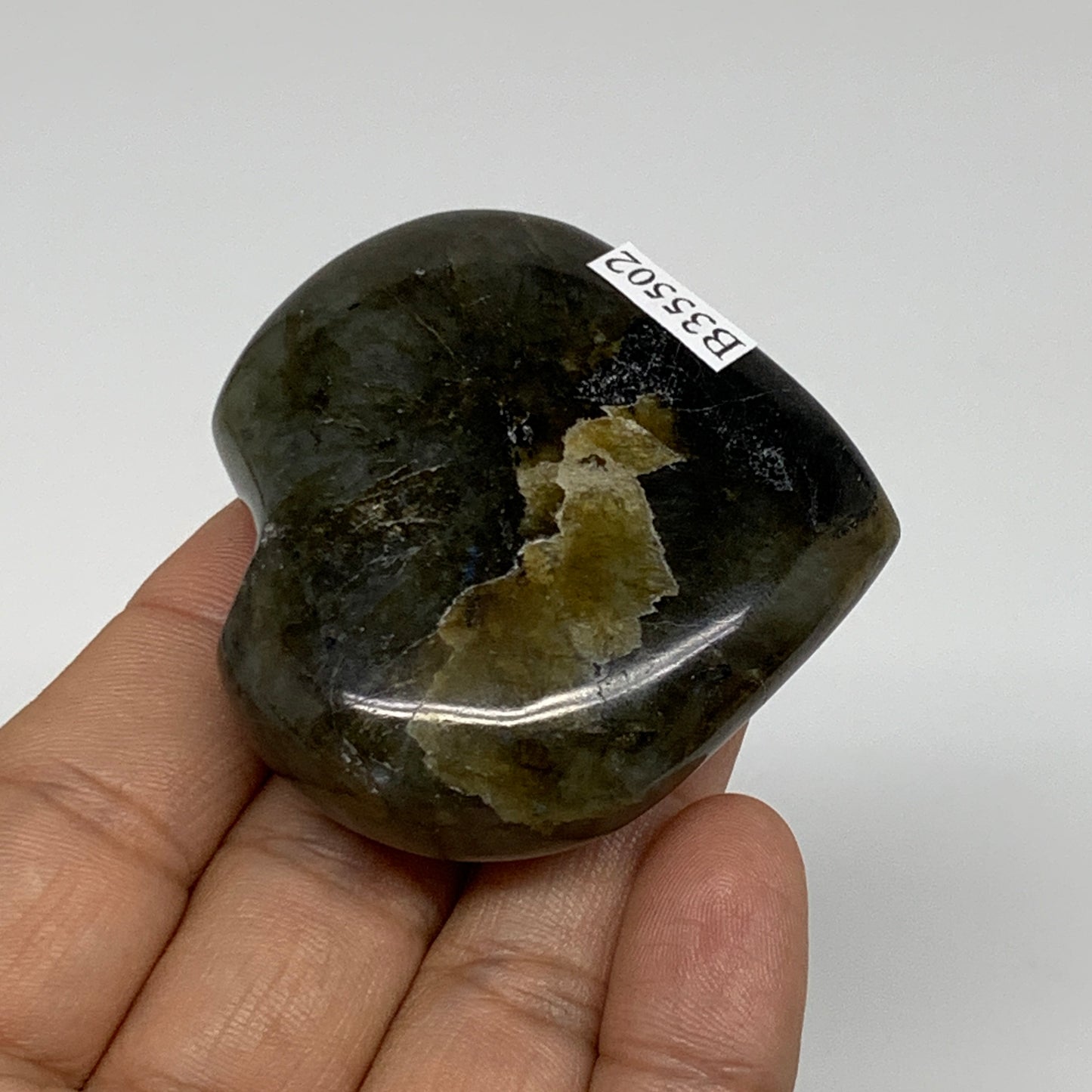 76.1g, 2"x2.1"x0.8", Natural Labradorite Heart Polished Crystal, B35502