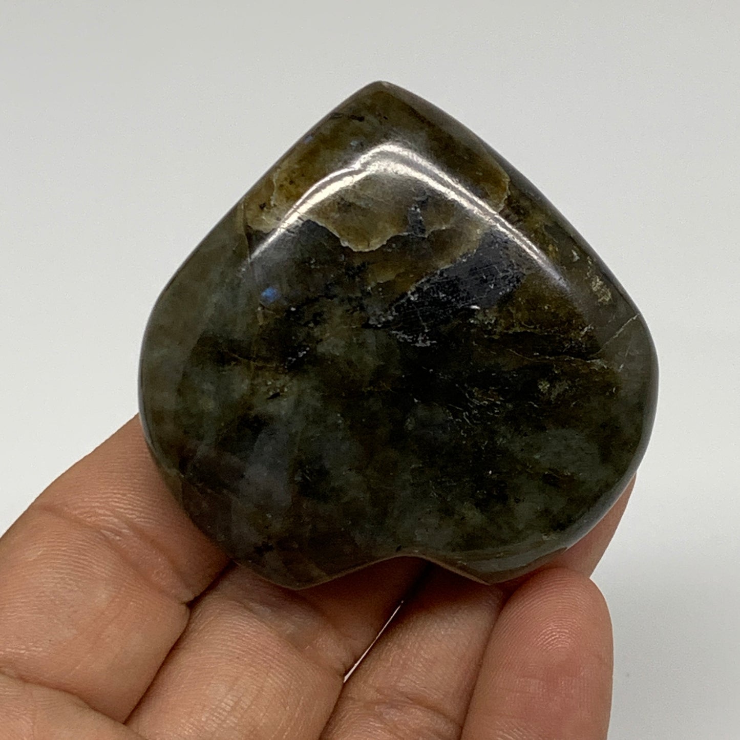 76.1g, 2"x2.1"x0.8", Natural Labradorite Heart Polished Crystal, B35502