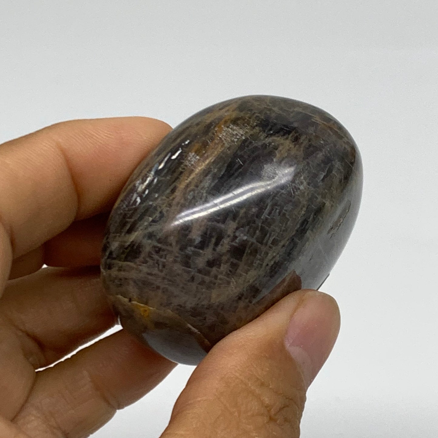 105.2g, 1.9"x1.8"x1.2",  Black Moonstone Crystal Palm-Stone Polished, B37771