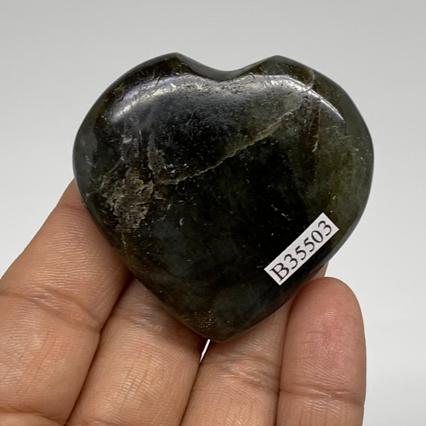 63.4g, 2"x2"x0.7", Natural Labradorite Heart Polished Crystal, B35503