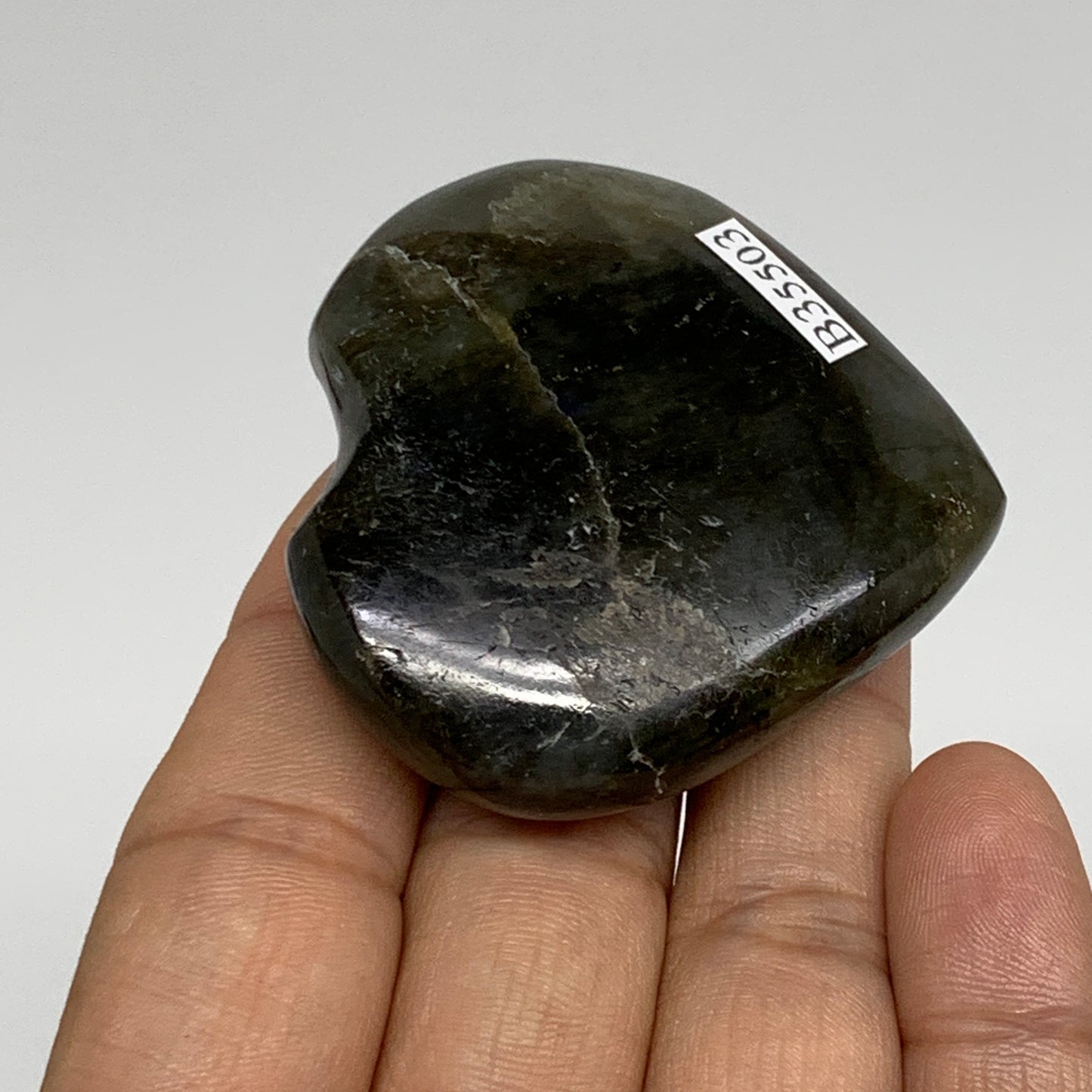 63.4g, 2"x2"x0.7", Natural Labradorite Heart Polished Crystal, B35503