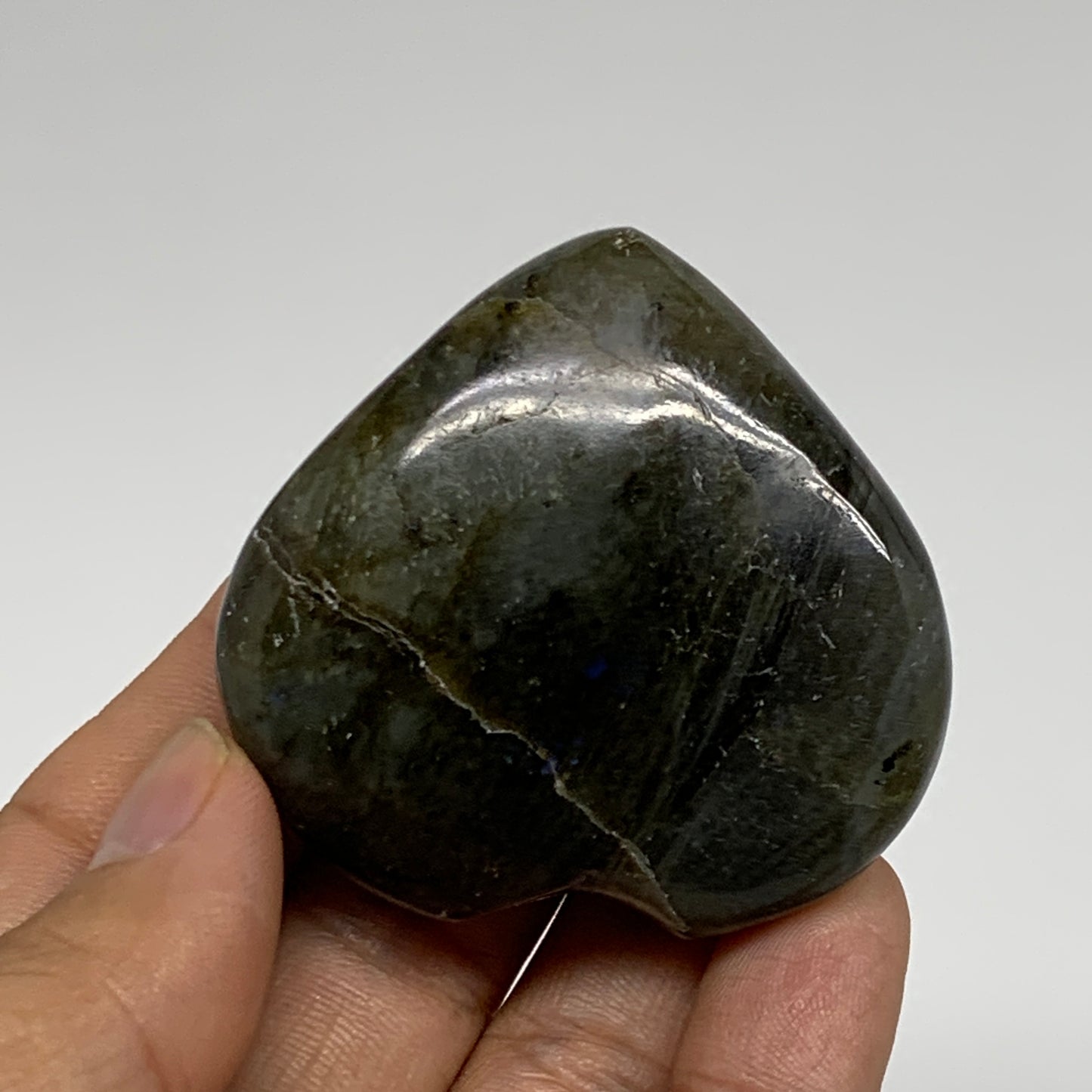 63.4g, 2"x2"x0.7", Natural Labradorite Heart Polished Crystal, B35503