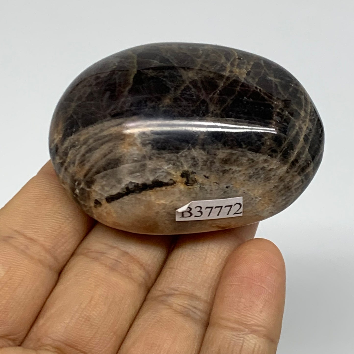90.3g, 2.3"x1.7"x1",  Black Moonstone Crystal Palm-Stone Polished, B37772