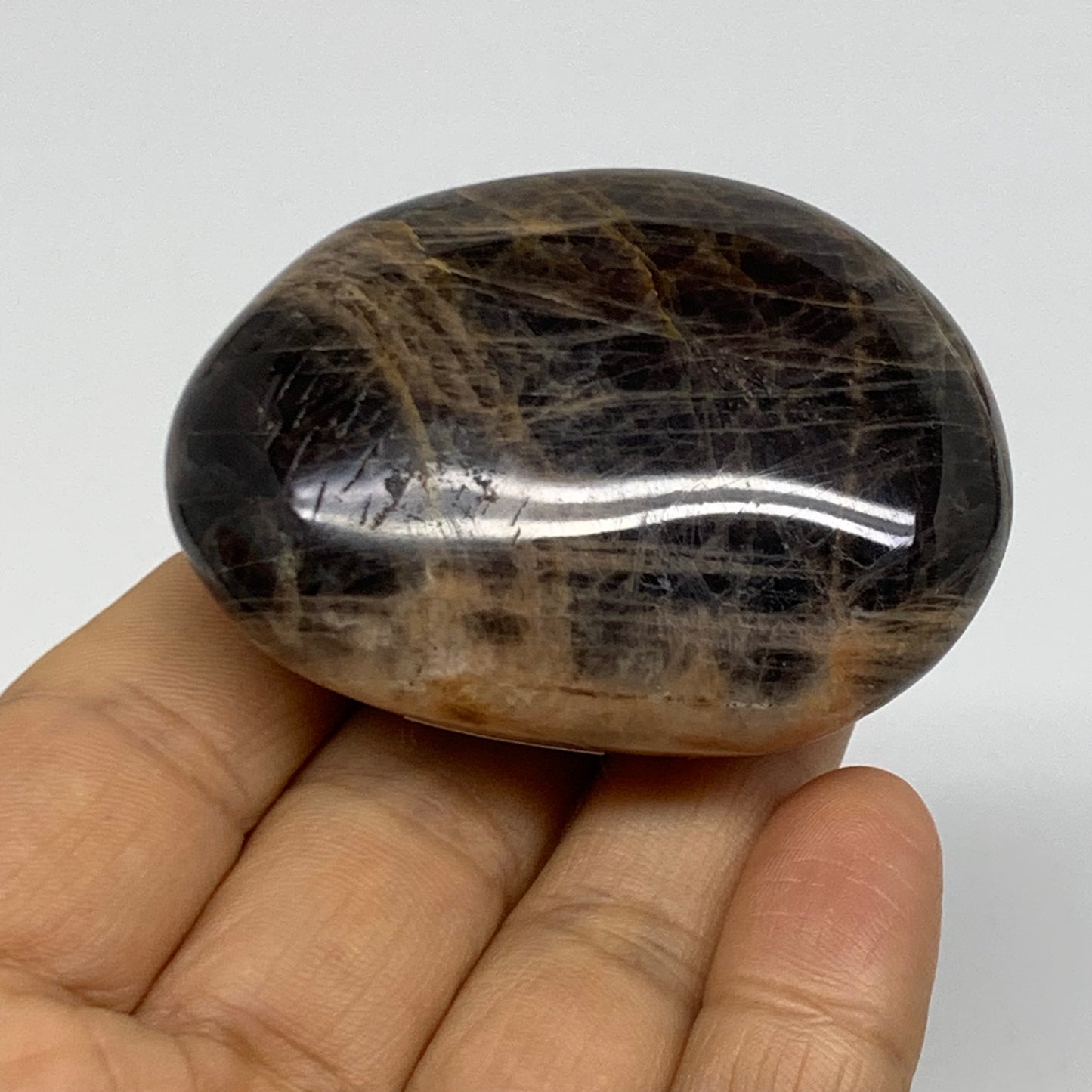 90.3g, 2.3"x1.7"x1",  Black Moonstone Crystal Palm-Stone Polished, B37772