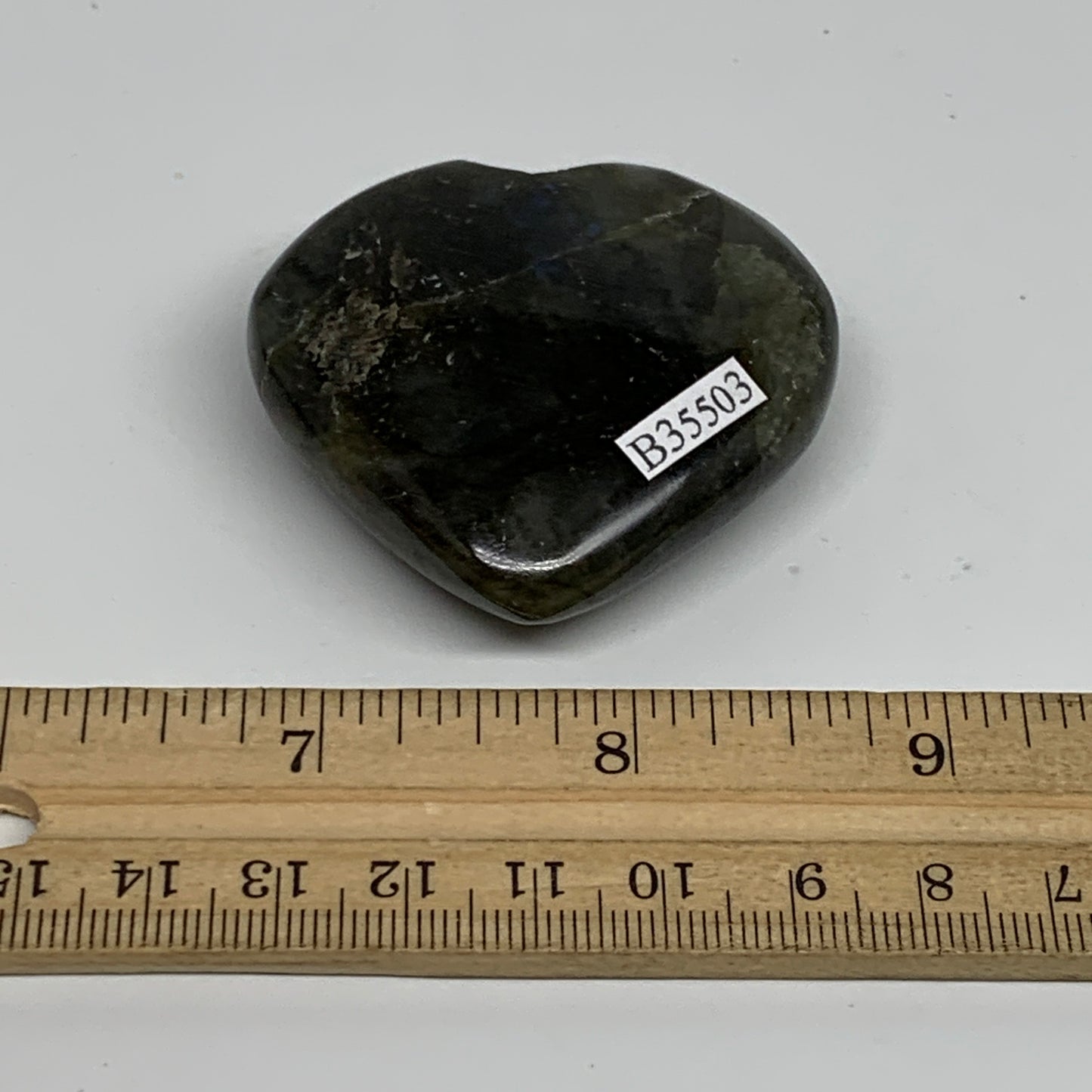 63.4g, 2"x2"x0.7", Natural Labradorite Heart Polished Crystal, B35503
