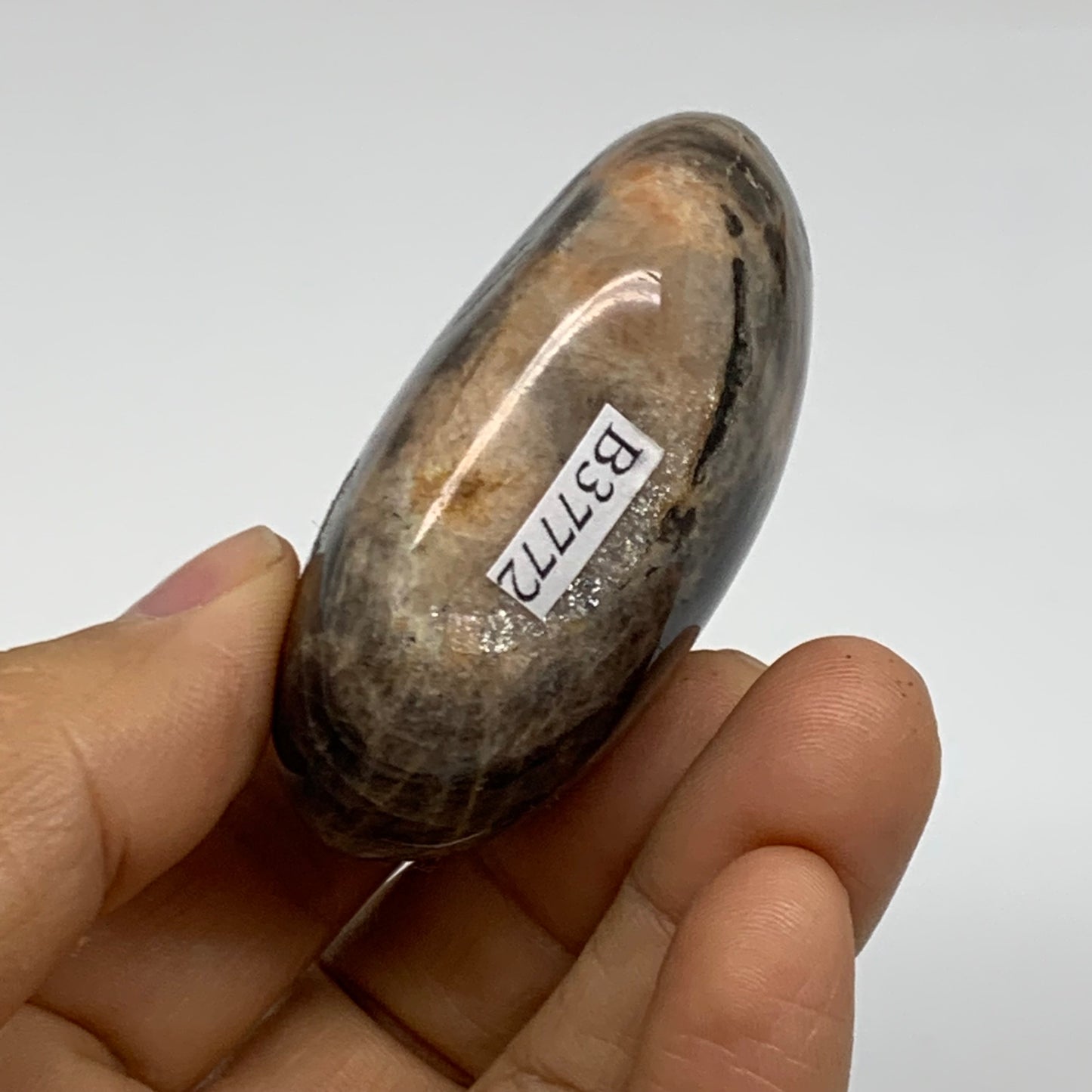 90.3g, 2.3"x1.7"x1",  Black Moonstone Crystal Palm-Stone Polished, B37772