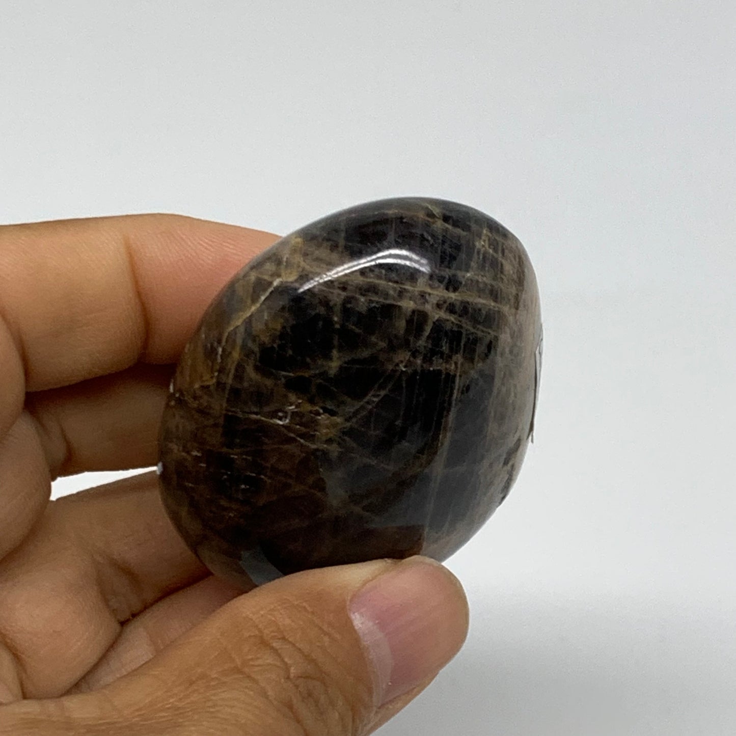 90.3g, 2.3"x1.7"x1",  Black Moonstone Crystal Palm-Stone Polished, B37772