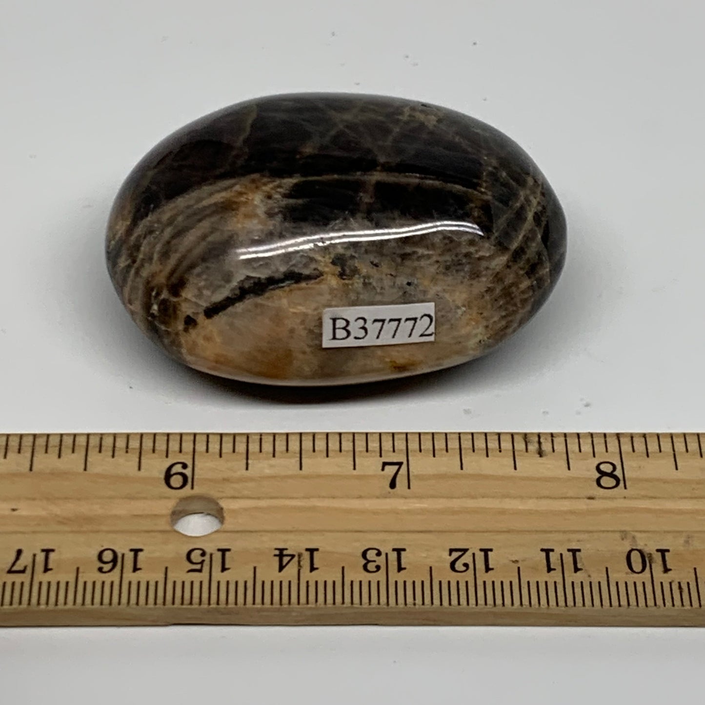 90.3g, 2.3"x1.7"x1",  Black Moonstone Crystal Palm-Stone Polished, B37772