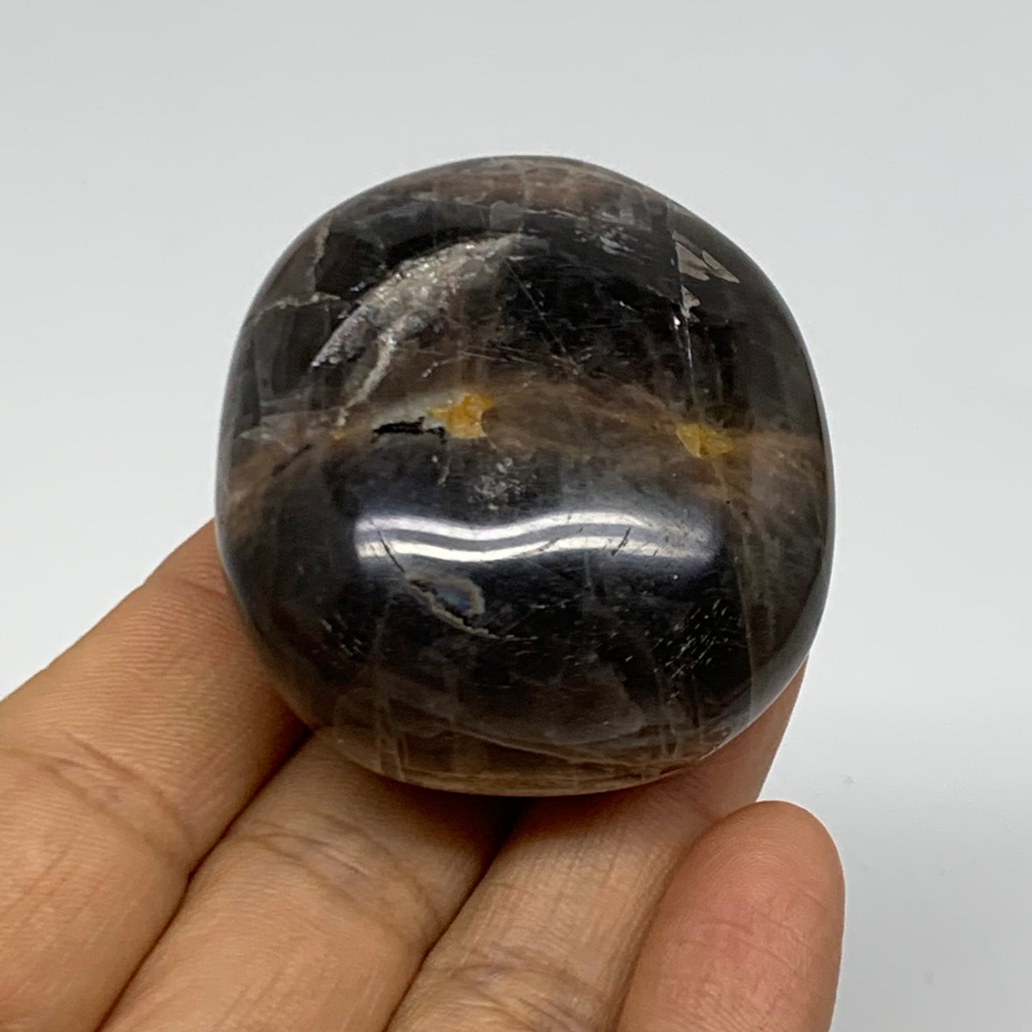 87.9g, 2"x1.8"x1.1",  Black Moonstone Crystal Palm-Stone Polished, B37774