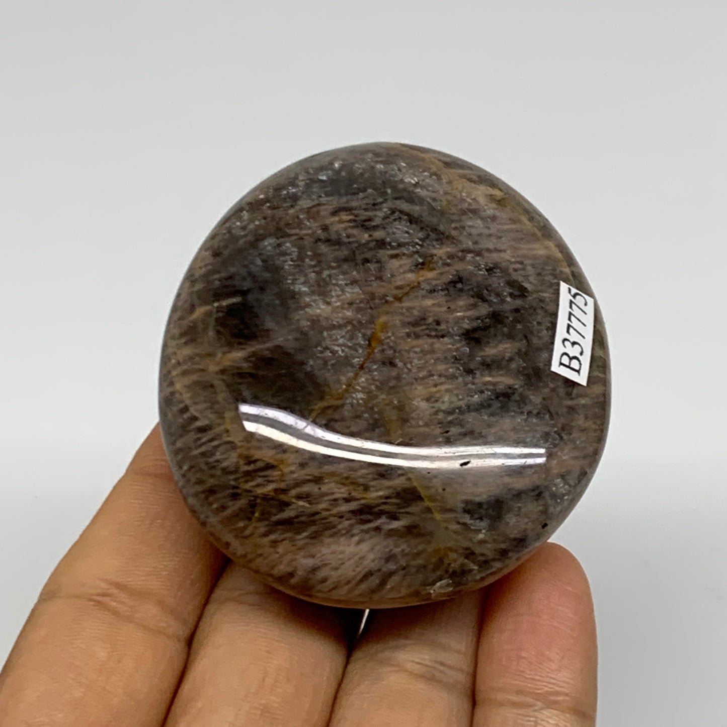 113.8g, 2.5"x2.1"x0.9",  Black Moonstone Crystal Palm-Stone Polished, B37775