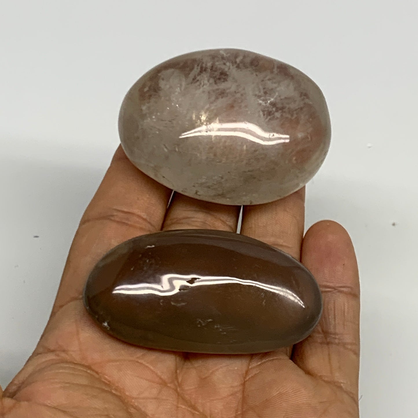 120g, 2.1"-2.2", 2pcs. Smoky Quartz Crystal Palm-Stone Polished Reiki, B29033