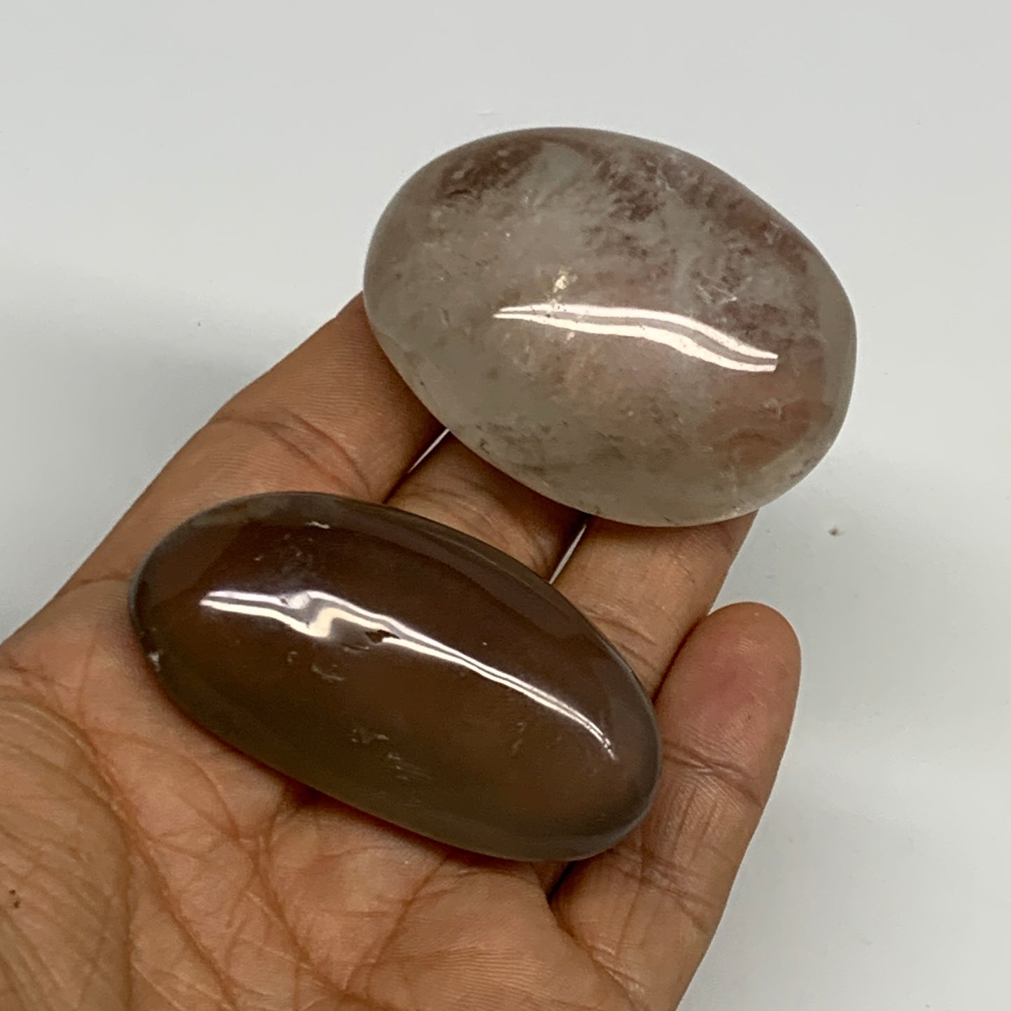 120g, 2.1"-2.2", 2pcs. Smoky Quartz Crystal Palm-Stone Polished Reiki, B29033